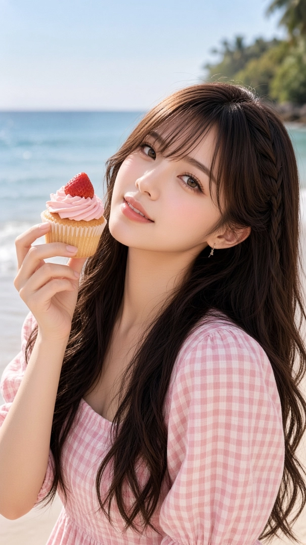 Miu Mintra smiling at the camera while holding a strawberry cupcake topped with pink whipped frosting and a fresh strawberry, wearing a pink gingham dress beside a tropical beach with turquoise water.