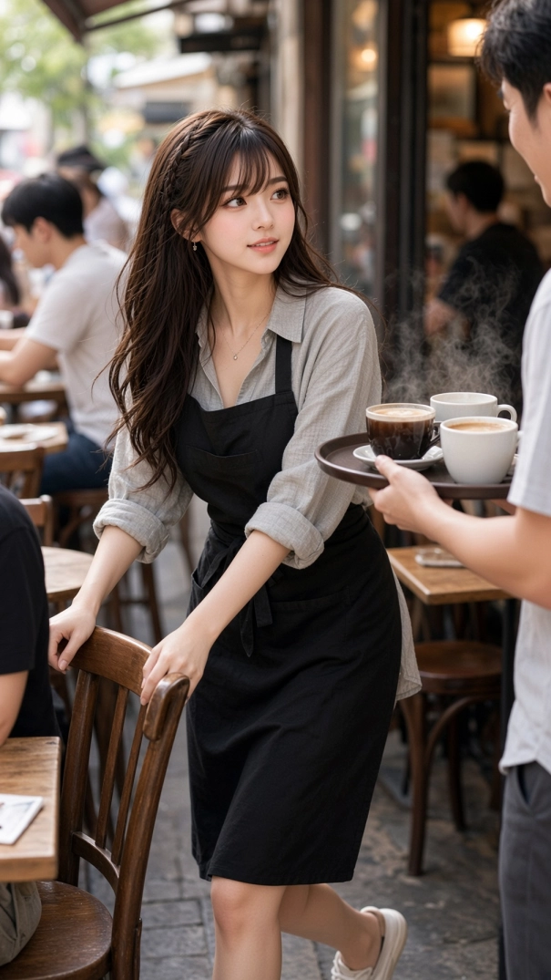 Miu Mintra wearing a light gray button-up shirt and black café apron, adjusting a wooden chair while smiling at a coworker carrying a tray of steaming coffee in a lively outdoor café.