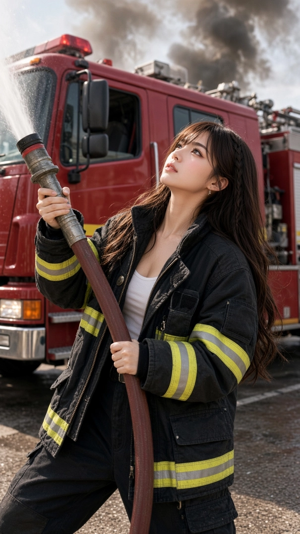 Miu Mintra wearing a black firefighter jacket with yellow reflective stripes, holding a powerful fire hose beside a red fire truck during an outdoor firefighting training exercise.