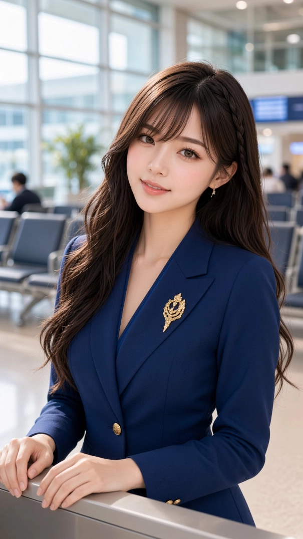 Miu Mintra wearing an elegant navy blue blazer with gold buttons and a decorative gold brooch, smiling beside a counter in a bright modern airport terminal with large glass windows and rows of waiting seats.