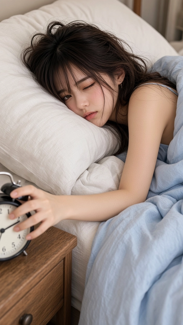 Miu Mintra lying sleepily in bed with messy dark brown hair, winking one eye while reaching for a vintage alarm clock on a wooden bedside table, surrounded by white pillows and a soft blue blanket. Copy