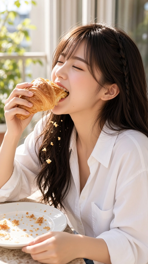 Miu Mintra wearing a white button-up shirt, happily biting into a golden flaky croissant at a sunlit breakfast table as tiny pastry crumbs scatter around her.