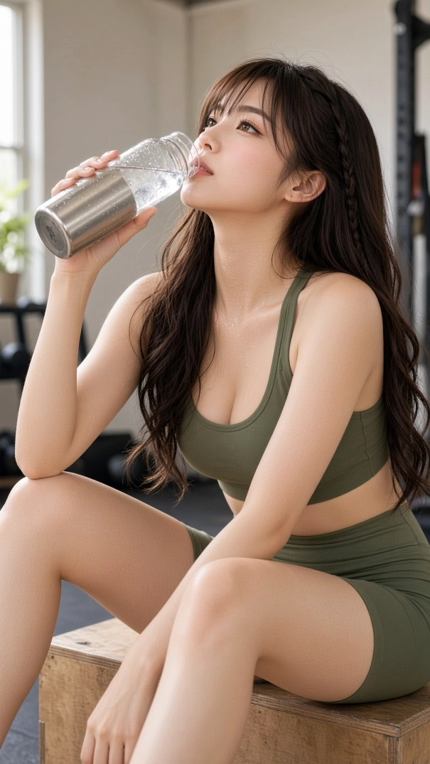 Miu Mintra wearing an olive-green sports bra and matching athletic shorts, sitting on a wooden plyometric box at the gym while drinking water from a clear and stainless steel bottle during a workout break.