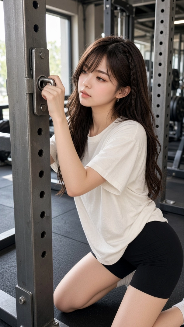 Miu wearing a loose white T-shirt and black workout shorts, kneeling beside a metal gym squat rack while carefully adjusting its safety pin.