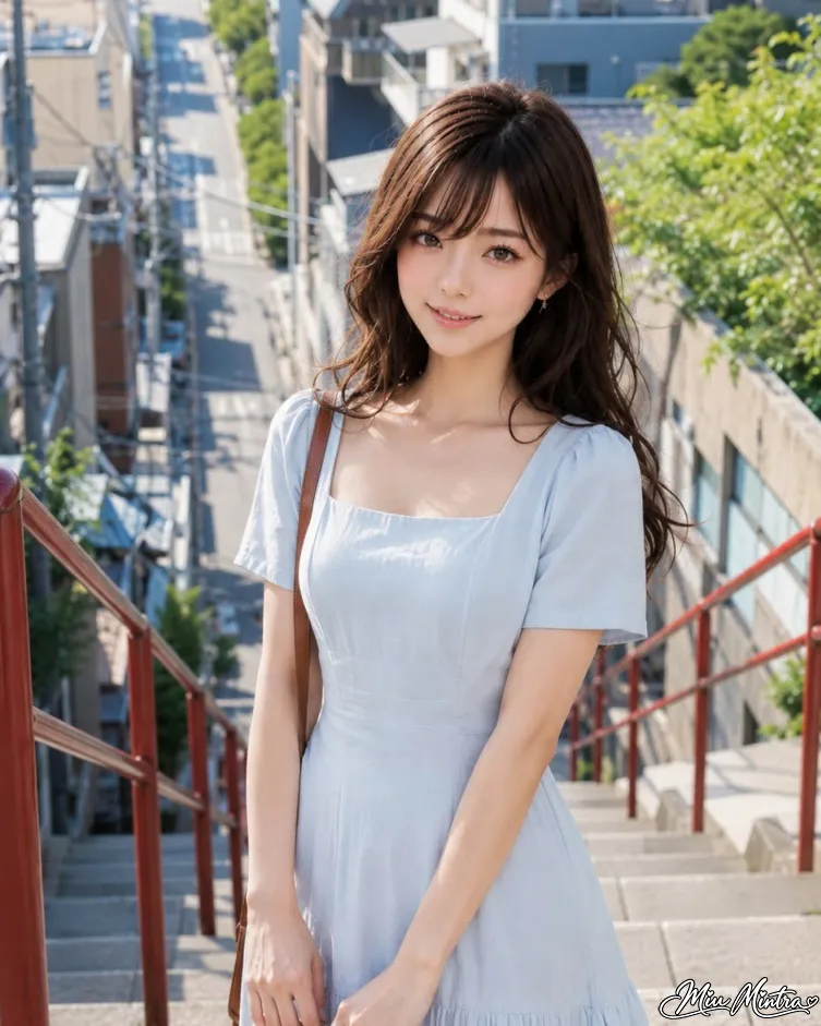 Miu Mintra smiling on a steep sunlit urban staircase with red railings, wearing a pale blue square-neck dress and shoulder bag, with hillside streets, houses, green trees and a bright blue sky creating a cinematic Your Name-inspired atmosphere.