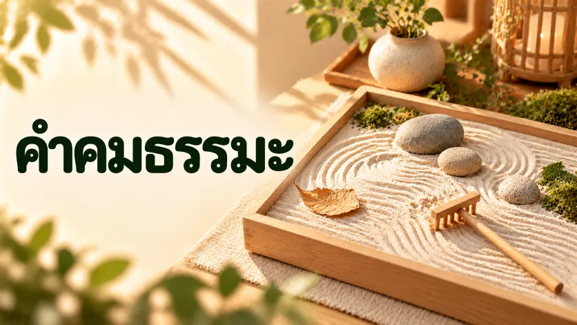 ภาพปกคำคมธรรมะ ตัวอักษรไทยขนาดใหญ่คู่กับสวนทรายจิ๋วในถาดไม้สีอ่อน มีลวดลายคราดทราย ก้อนหินแม่น้ำสามก้อน คราดไม้ขนาดเล็ก และใบไม้แห้ง