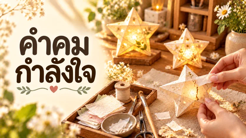 ภาพปกคำคมกำลังใจ ตัวอักษรภาษาไทยขนาดใหญ่คู่กับร้านซ่อมโคมไฟจิ๋วที่กำลังซ่อมดาวกระดาษ และโคมไฟรูปดาวที่ส่องแสงอบอุ่น