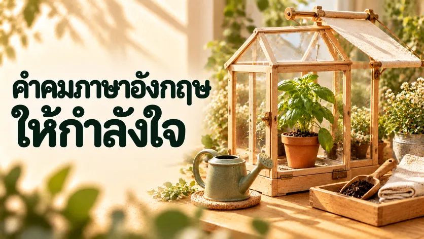 ภาพปกคำคมภาษาอังกฤษให้กำลังใจ ตัวอักษรไทยขนาดใหญ่คู่กับเรือนกระจกจิ๋ว ภายในมีต้นโหระพาในกระถางดินเผา ข้างๆ มีบัวรดน้ำสีเขียวเสจและอุปกรณ์ทำสวน
