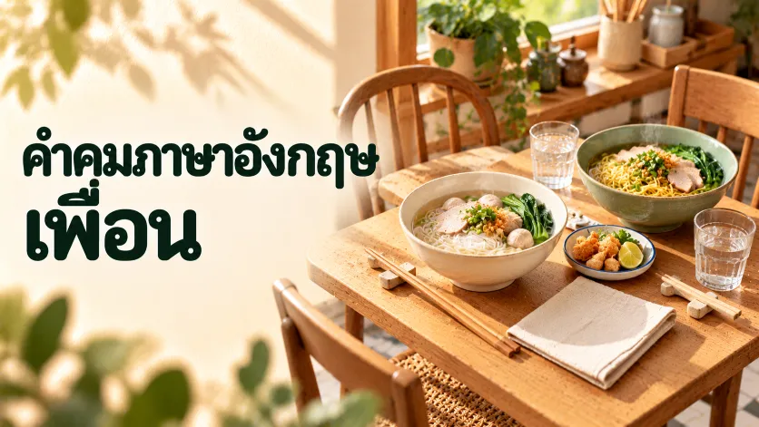 ภาพปกคำคมภาษาอังกฤษเพื่อน ตัวอักษรไทยขนาดใหญ่คู่กับโต๊ะก๋วยเตี๋ยวจิ๋วสำหรับสองคน มีชามเส้นเล็กและบะหมี่ เก้าอี้ไม้ต่างรูปทรง และจานขนมสำหรับแบ่งกัน
