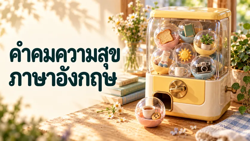 ภาพปกคำคมความสุข ภาษาอังกฤษ ตัวอักษรภาษาไทยขนาดใหญ่คู่กับตู้กดแคปซูลความสุขจิ๋วสีครีม ภายในมีขนมปัง หนังสือ ต้นไม้ และถ้วยชาขนาดเล็ก