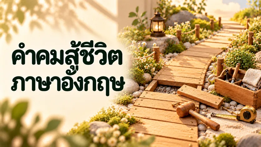 ภาพปกคำคมสู้ชีวิต ภาษาอังกฤษ ตัวอักษรไทยขนาดใหญ่คู่กับโมเดลทางเดินไม้จิ๋วที่กำลังซ่อมแผ่นไม้ มีค้อนจิ๋ว ตลับเมตรทองเหลือง และกล่องเครื่องมือ