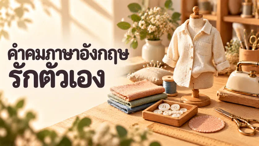 ภาพปกคำคมภาษาอังกฤษรักตัวเอง ตัวอักษรไทยขนาดใหญ่คู่กับห้องตัดเย็บจิ๋ว มีเสื้อเชิ้ตลินินสีครีมบนหุ่นไม้ เตารีดเซรามิก กล่องกระดุมมุก และผ้าสีพาสเทล
