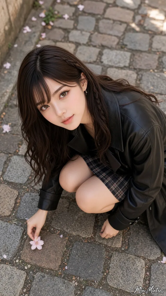 Miu in a black leather jacket and plaid skirt picking up a fallen pink flower from a cobblestone path scattered with petals