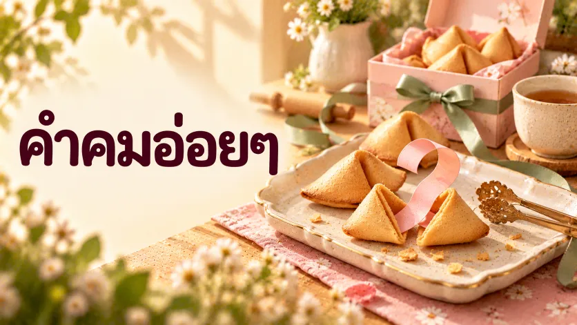 ภาพปกคำคมอ่อยๆ ตัวอักษรภาษาไทยขนาดใหญ่คู่กับคุกกี้เสี่ยงทายสีทองในสตูดิโอขนมจิ๋ว มีกระดาษสีชมพูม้วนเป็นเครื่องหมายคำถาม