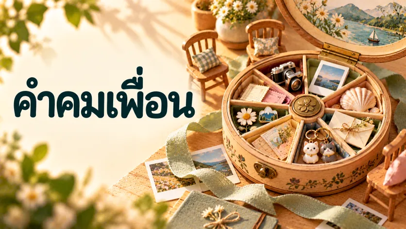 ภาพปกคำคมเพื่อน ตัวอักษรภาษาไทยขนาดใหญ่คู่กับกล่องแคปซูลความทรงจำทรงกลมจิ๋ว มีตั๋วรถไฟ รูปโพลารอยด์ พวงกุญแจคู่ และเก้าอี้ไม้สามตัว