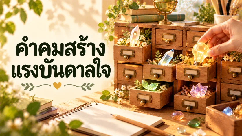 ภาพปกคำคมสร้างแรงบันดาลใจ ตัวอักษรภาษาไทยขนาดใหญ่คู่กับตู้เก็บเมล็ดพันธุ์ไอเดียจิ๋ว มีเมล็ดแก้วเรืองแสงรูปหลอดไฟ ดินสอ และจรวดกระดาษ