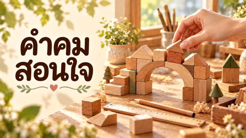 ภาพปกคำคมสอนใจ ตัวอักษรภาษาไทยขนาดใหญ่คู่กับโต๊ะช่างไม้จิ๋วที่มีมือกำลังจัดตัวต่อไม้ให้เข้าที่ สื่อถึงการเรียนรู้จากความผิดพลาด