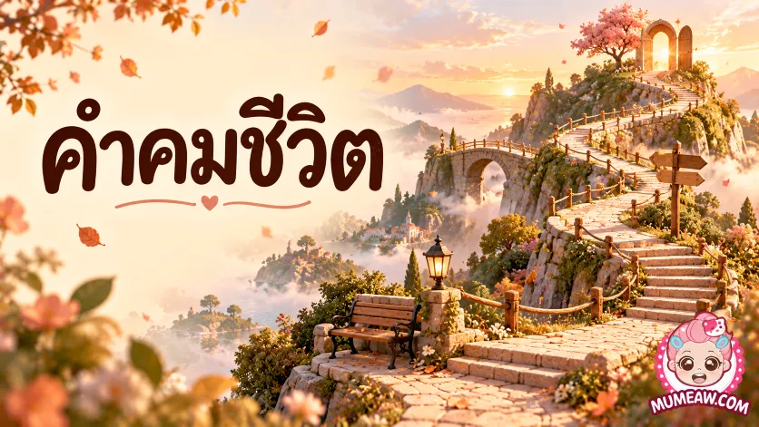 ภาพปกคำคมชีวิต ตัวอักษรคำคมชีวิตขนาดใหญ่คู่กับเส้นทางบันไดหินคดเคี้ยวผ่านสะพานและทางแยก สื่อถึงบทเรียนและการเติบโต