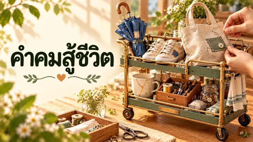 ภาพปกคำคมสู้ชีวิต ตัวอักษรภาษาไทยขนาดใหญ่คู่กับรถเข็นซ่อมของจิ๋ว มีร่ม รองเท้า กระเป๋าผ้า และอุปกรณ์ซ่อมแซมบนโต๊ะไม้
