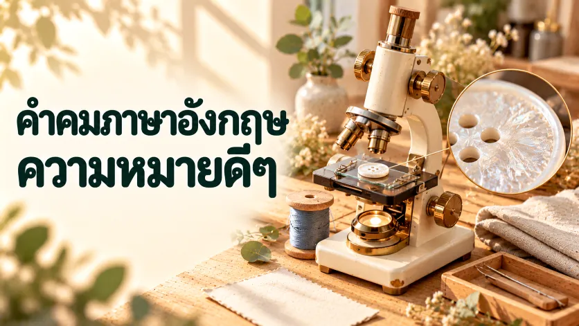 ภาพปกคำคมภาษาอังกฤษความหมายดีๆ ตัวอักษรไทยขนาดใหญ่คู่กับกล้องจุลทรรศน์จิ๋วสีครีมและทองเหลืองที่กำลังขยายรายละเอียดของกระดุมมุกบนแผ่นกระจกใส