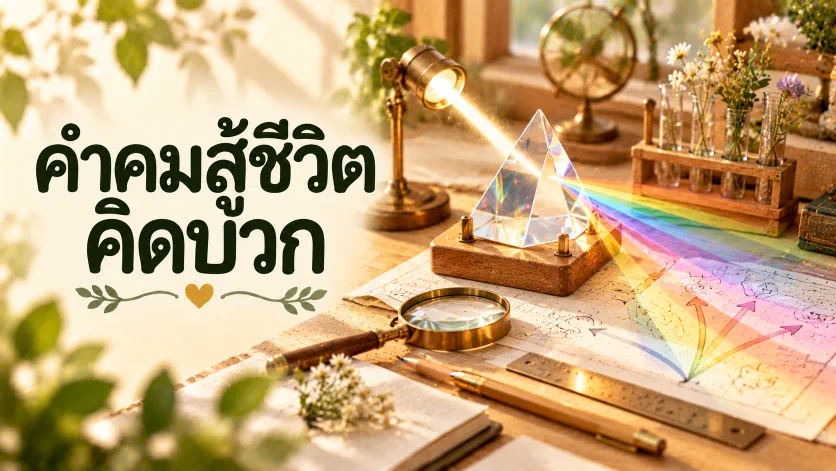 ภาพปกคำคมสู้ชีวิต คิดบวก ตัวอักษรภาษาไทยขนาดใหญ่คู่กับปริซึมแก้วใสบนโต๊ะทดลองจิ๋วที่แยกแสงสีขาวออกเป็นลำแสงพาสเทล