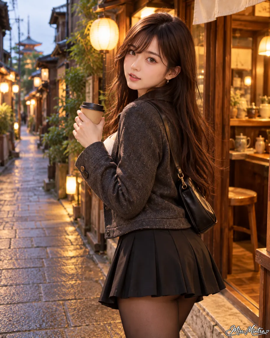 Miu holding hojicha in a lantern-lit Kyoto alley at dusk after visiting a small traditional Japanese kissaten
