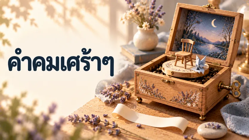 ภาพปกคำคมเศร้าๆ ตัวอักษรภาษาไทยขนาดใหญ่คู่กับกล่องดนตรีไขลานจิ๋วที่เปิดฝา มีเก้าอี้ไม้ตัวเล็กว่างเปล่า นกกระดาษสีฟ้า และดอกลาเวนเดอร์แห้ง