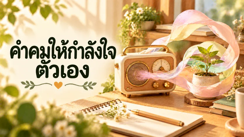 ภาพปกคำคมให้กำลังใจตัวเอง ตัวอักษรภาษาไทยขนาดใหญ่คู่กับวิทยุเซรามิกจิ๋วสีครีมที่มีริบบิ้นพาสเทลลอยออกจากลำโพงและโอบต้นไม้เล็กบนโต๊ะไม้