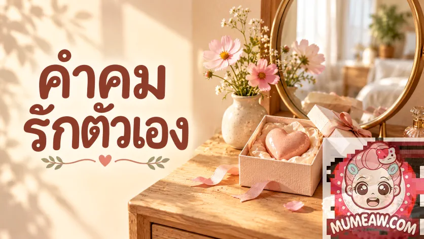 ภาพปกคำคมรักตัวเอง ตัวอักษรภาษาไทยขนาดใหญ่คู่กับกล่องของขวัญบรรจุหัวใจเซรามิกสีพีช แจกันดอกไม้ และกระจกบนโต๊ะไม้สีอ่อน