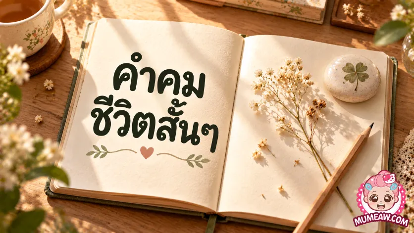 ภาพปกคำคมชีวิตสั้นๆ ตัวอักษรภาษาไทยขนาดใหญ่บนสมุดบันทึกเปิดกาง วางคู่ดินสอและดอกไม้แห้งบนโต๊ะไม้ท่ามกลางแสงแดดอ่อน