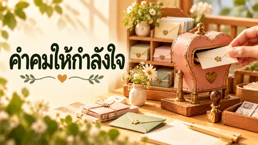 ภาพปกคำคมให้กำลังใจ ตัวอักษรภาษาไทยขนาดใหญ่คู่กับไปรษณีย์จิ๋วที่มีซองจดหมายสีพาสเทล กล่องจดหมายรูปหัวใจ และดอกไม้เล็กบนโต๊ะไม้
