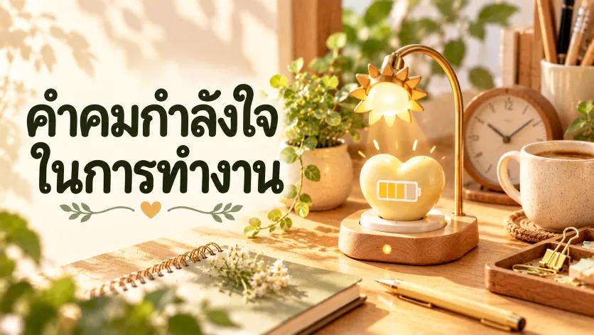 ภาพปกคำคมกำลังใจในการทำงาน ตัวอักษรภาษาไทยขนาดใหญ่คู่กับสถานีชาร์จพลังรูปหัวใจสีเหลืองบนโต๊ะทำงาน มีแก้วกาแฟ สมุดจด และต้นไม้เล็ก