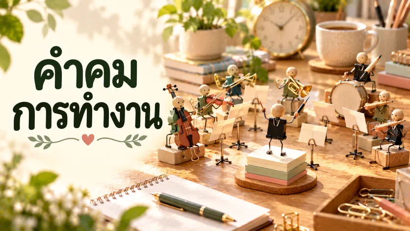 ภาพปกคำคมการทำงาน ตัวอักษรภาษาไทยขนาดใหญ่คู่กับวงออร์เคสตราจิ๋วที่สร้างจากดินสอ คลิปหนีบกระดาษ และเครื่องเขียนบนโต๊ะทำงาน