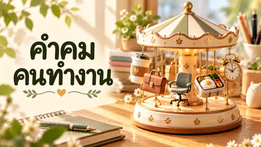 ภาพปกคำคมคนทำงาน ตัวอักษรภาษาไทยขนาดใหญ่คู่กับม้าหมุนจิ๋วบนโต๊ะไม้ที่มีแก้วกาแฟ กระเป๋าทำงาน เก้าอี้สำนักงาน กล่องข้าว และนาฬิกาปลุก