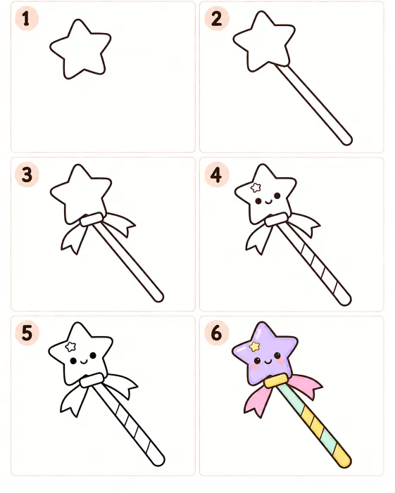 วิธีวาดไม้กายสิทธิ์รูปดาวการ์ตูนน่ารักแบบง่ายๆ ทีละขั้นตอน 6 ขั้นตอน ตั้งแต่รูปดาวและด้ามจนถึงรายละเอียดและลงสี