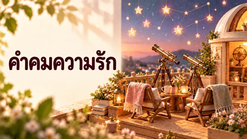 ภาพปกคำคมความรัก ตัวอักษรภาษาไทยขนาดใหญ่คู่กับหอดูดาวจิ๋วที่มีกล้องโทรทรรศน์ทองเหลืองสองตัว กลุ่มดาวกระดาษเรืองแสง และเก้าอี้สองตัวบนระเบียงไม้