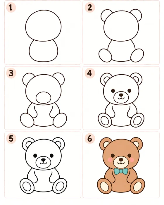 วิธีวาดตุ๊กตาหมีการ์ตูนน่ารักแบบง่ายๆ ทีละขั้นตอน 6 ขั้นตอน จากวงกลมและวงรีจนถึงใบหน้า อุ้งเท้า และลงสี