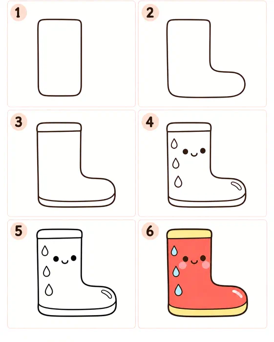 วิธีวาดรองเท้าบูทกันฝนการ์ตูนน่ารักแบบง่ายๆ ทีละขั้นตอน 6 ขั้นตอน จากทรงข้อบูทจนถึงลายหยดน้ำและภาพลงสี