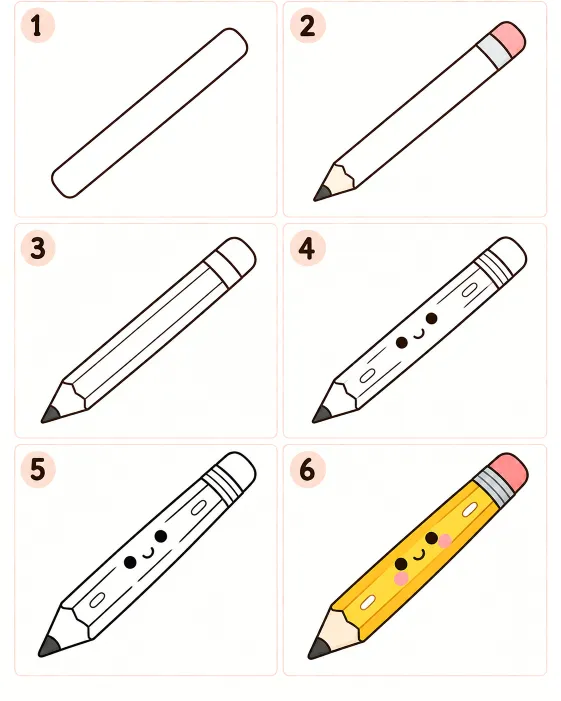 วิธีวาดดินสอการ์ตูนน่ารักแบบง่ายๆ ทีละขั้นตอน 6 ขั้นตอน จากรูปทรงแท่งยาวจนถึงปลายดินสอ ยางลบ และลงสี